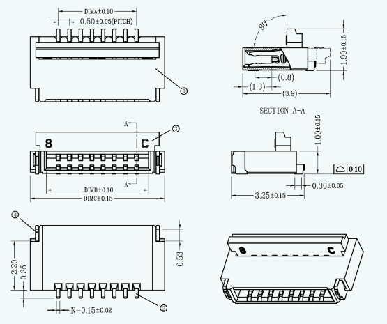 0.5-10p前插后翻fpc連接器H1.0