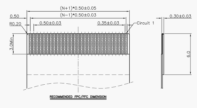 0.5間距H2.0翻蓋下接FPC連接器對應排線規(guī)格圖